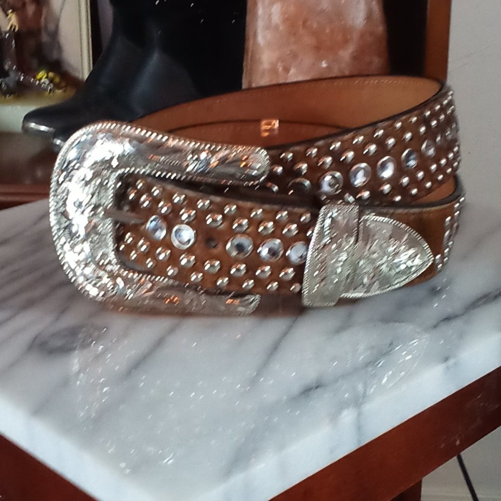 3-D Leather, Rhinestone &  Studded Belt, Size 34